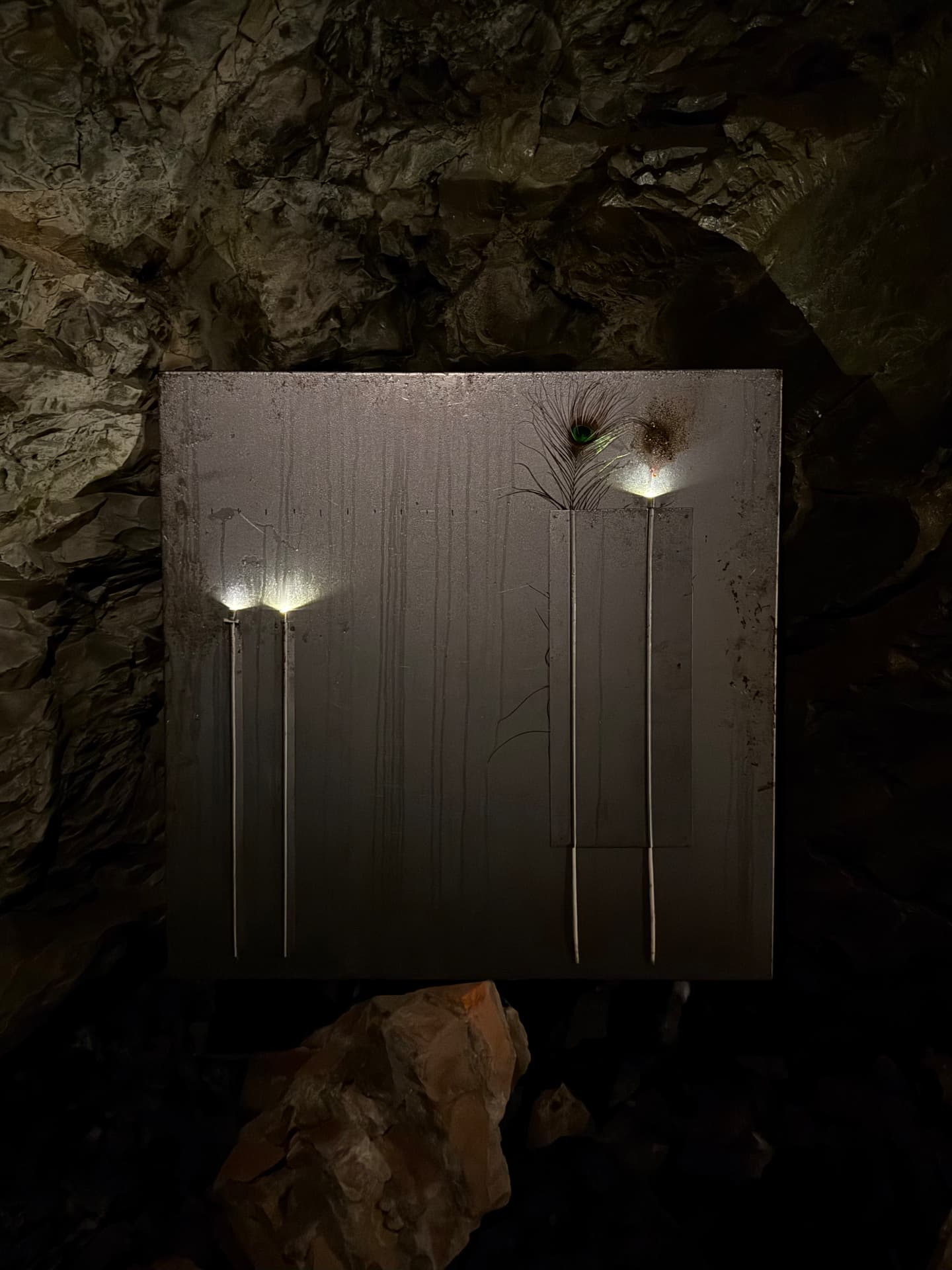 The steel panel seen straight on, with peacock feather and four lit rods